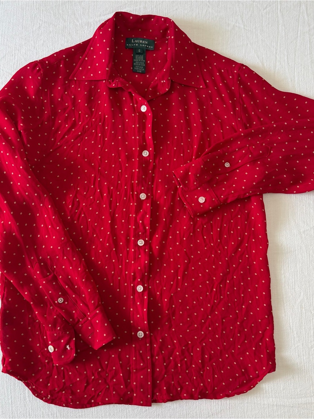 Vintage Lauren Ralph Lauren 100% Silk Red Polka Dot Button-Down Blouse Size S